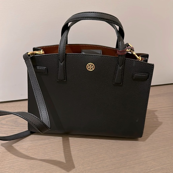 Tory Burch Handbags - Tory Burch small tote bag. The bag is black with a rich brown interior.